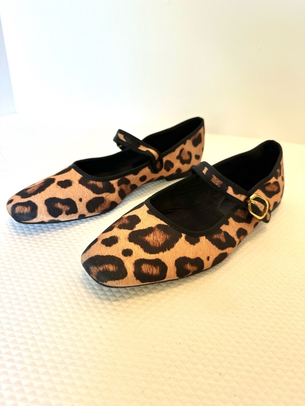 Zara Leopard-Print Mary Jane Ballet Flats in Tan & Black Gold Buckle Satin Like‎